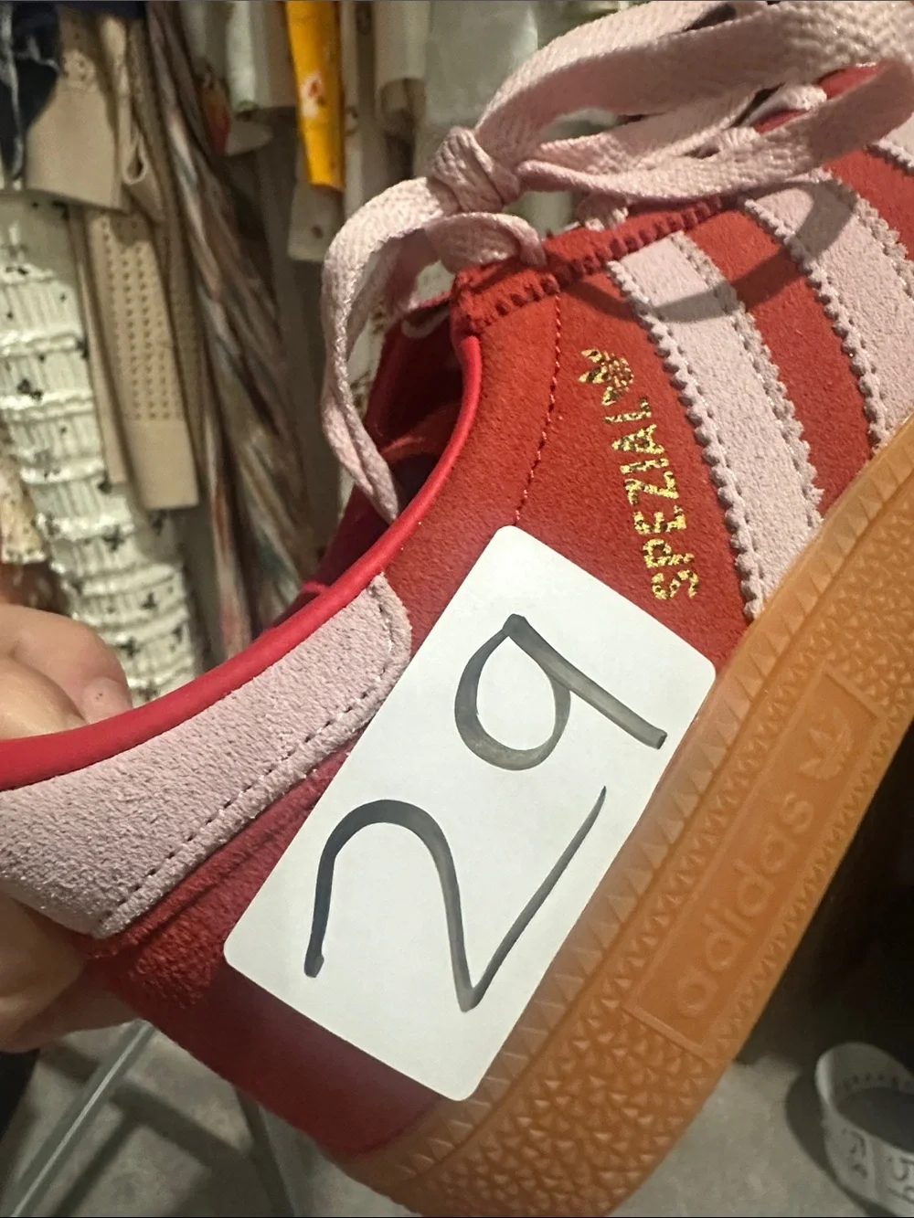 adidas men’s Red Suede Retro Spezial with Pink Stripes and Gum Sole unisex